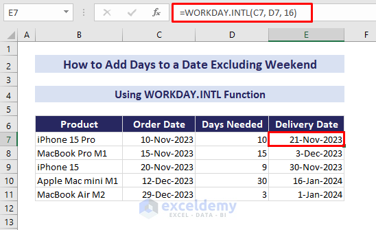 using workday.intl function to add days to a date excluding a weekend in excel