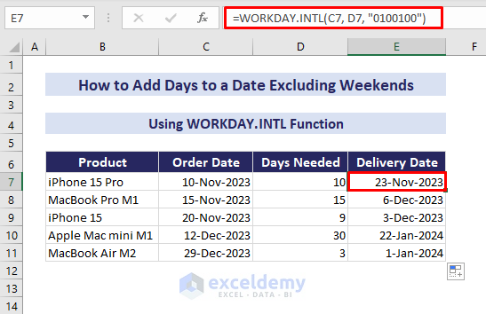 using workday.intl function with weekend string to add days to a date excluding weekends in excel