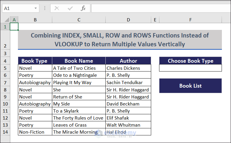 Dataset to Combine INDEX, SMALL, ROW and ROWS Functions Instead of VLOOKUP to Return Multiple Values Vertically