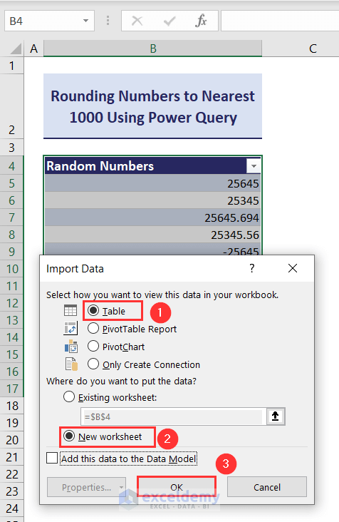 Selecting options in Import Data window