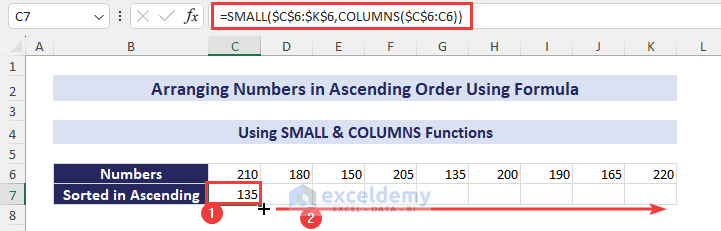 Arranging Numbers in Ascending Order in Excel Using SMALL with COLUMNS Functions