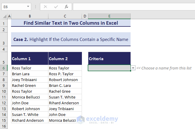 Dataset to Find Similar Text in Two Columns using Conditional Formatting