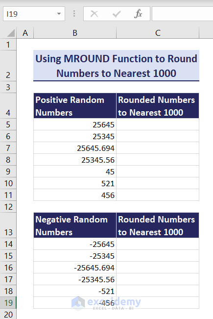 Dataset to Round numbers to nearest 1000 using Excel MROUND function