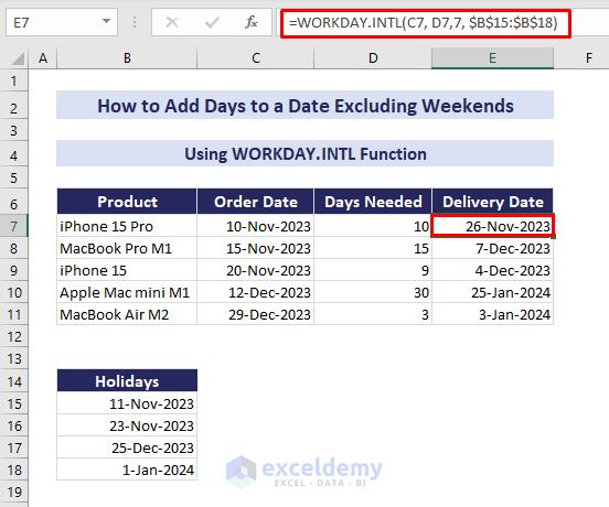 using workday.intl function to add days to a date excluding weekends and holidays