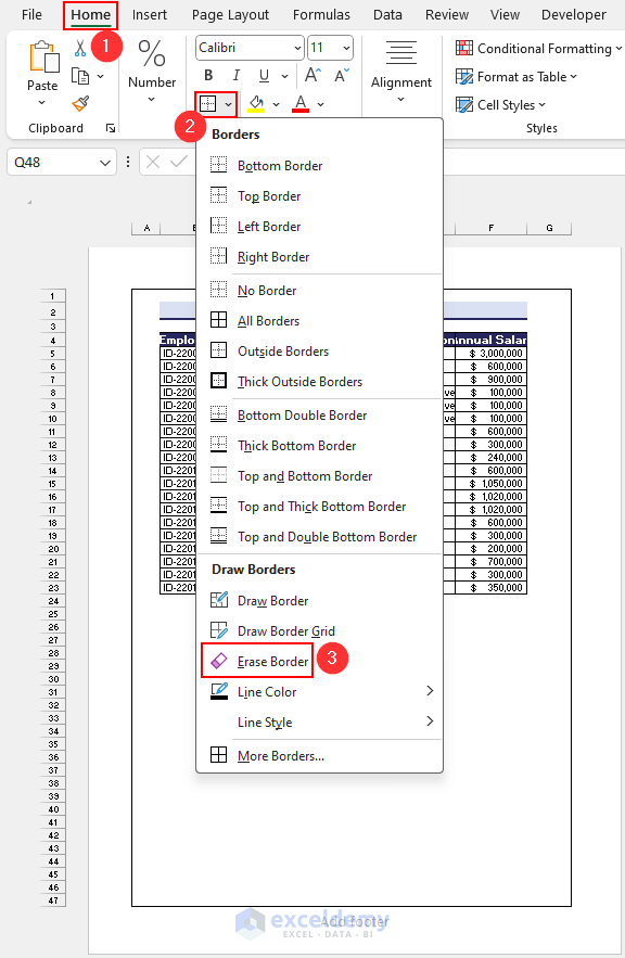 Selecting the Erase Border to Remove Page Borders in Excel