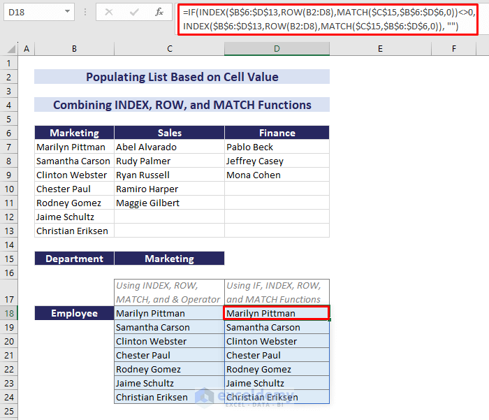 using excel IF to auto populate list based on cell value