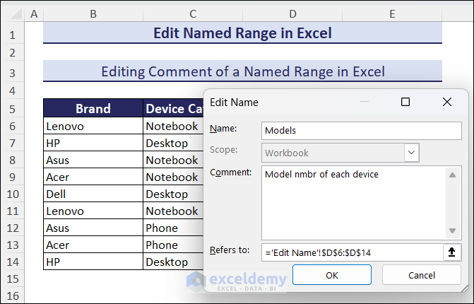 Editing comment showing for selected Named Range