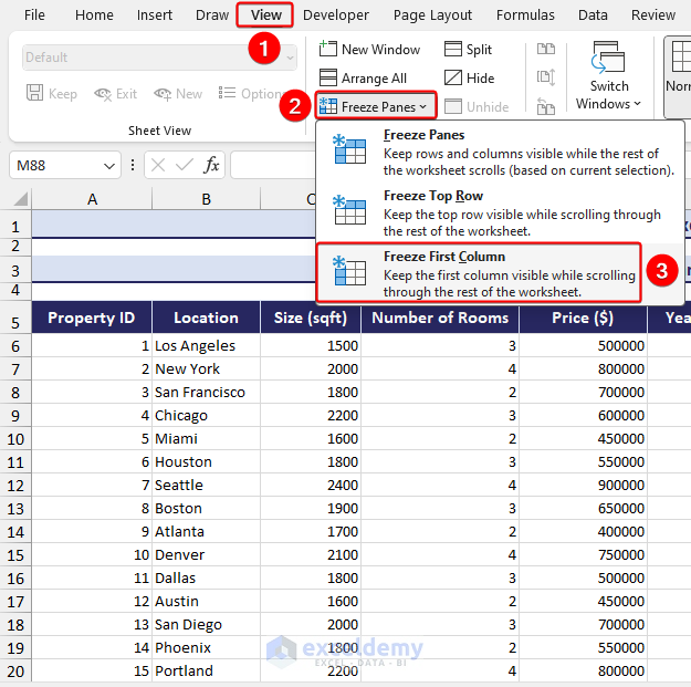 freezing the first column using freeze panes in Excel