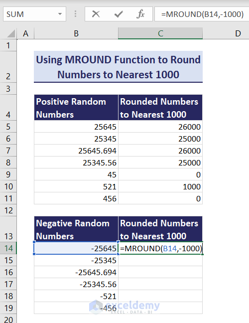 Using Excel MROUND function to Round numbers to nearest 1000