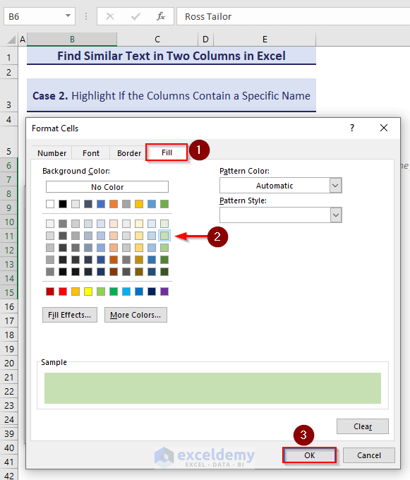 Choosing highlighting color from Format Cells window