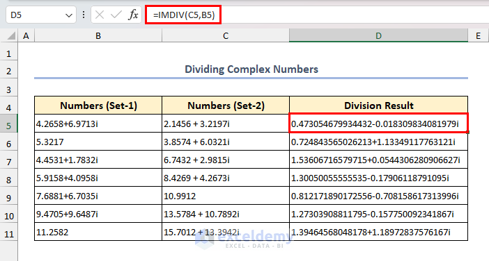 Applying IMDIV Function to Divide Complex Numbers in Excel