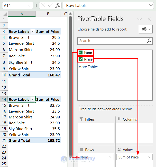 Dragging the Pivot Table Fields