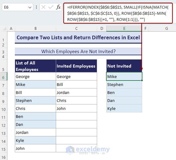 An overview image of Excel compare two lists and return differences