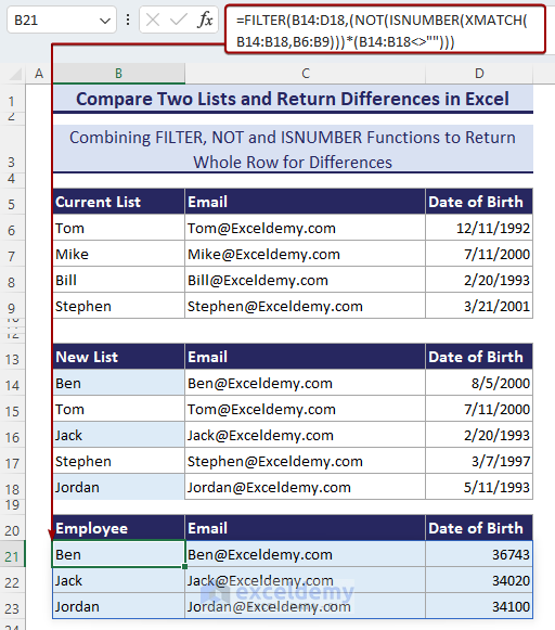 Using the FILTER-NOT-ISNUMBER-XMATCH formula to compare two columns and return differences of multiple Excel columns.