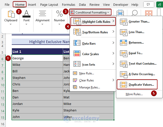 Getting the Duplicate Values dialog box from the Conditional Formatting command.
