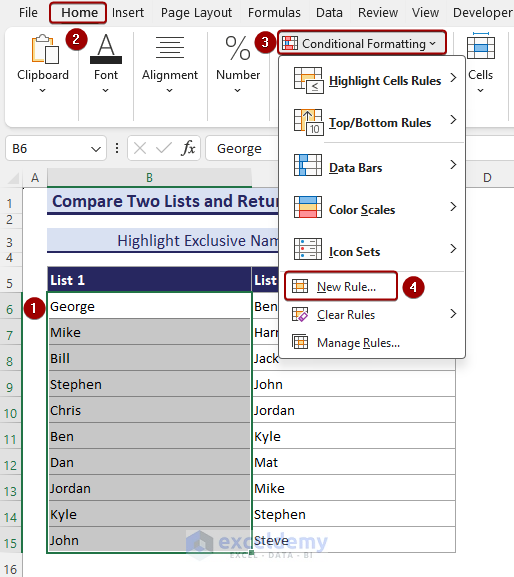 Getting the New Formatting Rule dialog box from the Conditional Formatting command.