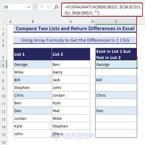 Using the IF-ISNA-MATCH formula to get names that exist in list 1 but are absent in list 2