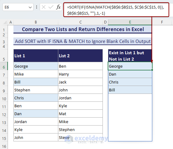 Using the SORT-IF-ISNA-MATCH formula to get names that exist in list 1 but are absent in list 2