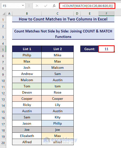 12- Combining COUNT & MATCH functions to count matches in two columns from any position