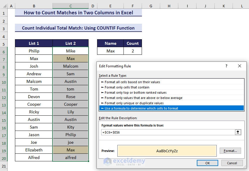 15- Using conditional formatting to highlight the individual matches of each item