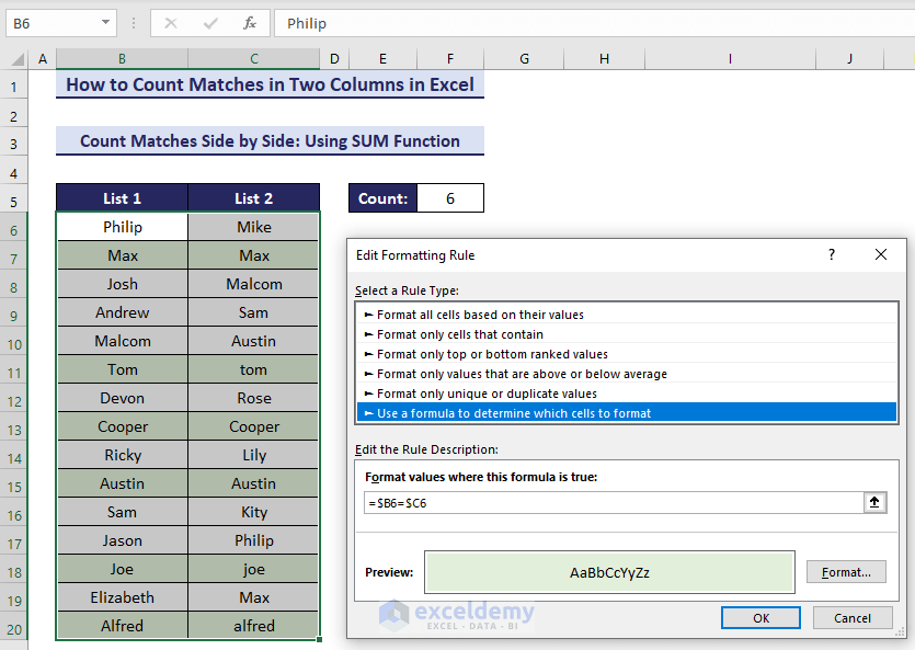 4- Applying conditional formatting to highlight matches between two columns row-wise
