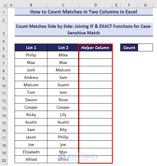 6- Inserting a helper column to count matches in two columns row-wise and case-wise