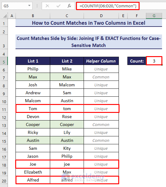 8- Using the COUNTIF function to count matches in two columns row-wise and case-wise