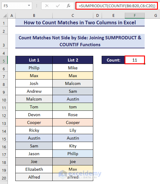 9- Combining SUMPRODUCT & COUNTIF functions to count matches in two columns from any position