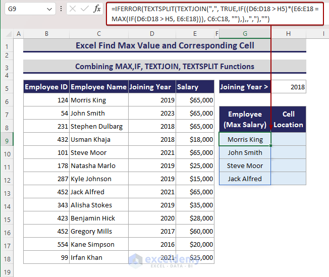 Combining IFERROR, TEXTSPLIT, TEXTJOIN, IF and MAX functions to find employee name with maximum salary based on single criterion.