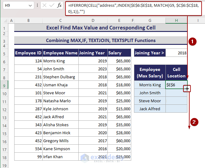 Using IFERROR, INDEX, MATCH and CELL to get cell addresses with maximum salary.