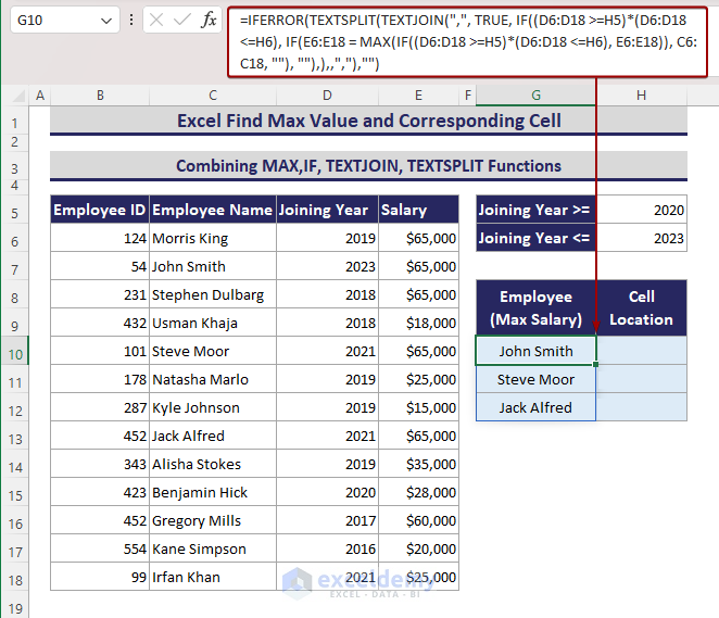 Combining IFERROR, TEXTSPLIT, TEXTJOIN, IF and MAX functions to find employee name with maximum salary based on multiple criteria.