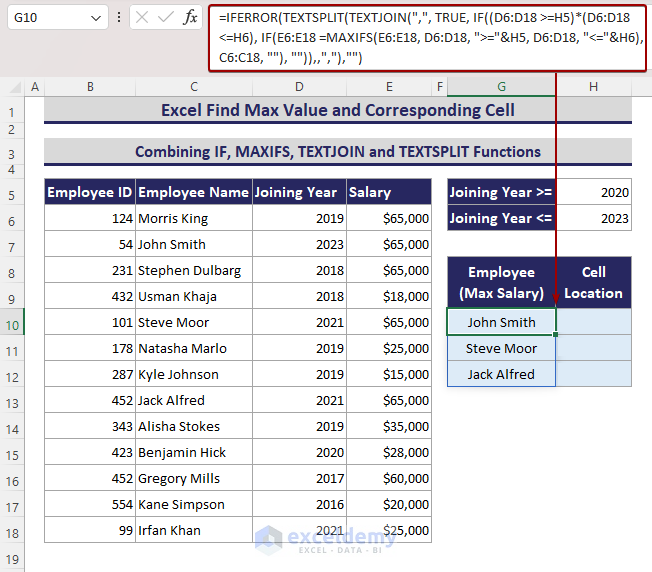Combining IFERROR, TEXTJOIN, TEXTSPLIT, IF, and MAXIFS functions to find employee names with maximum salary based on multiple criteria