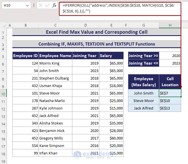 Using IFERROR, INDEX, MATCH and CELL to find cell addresses with maximum salary.