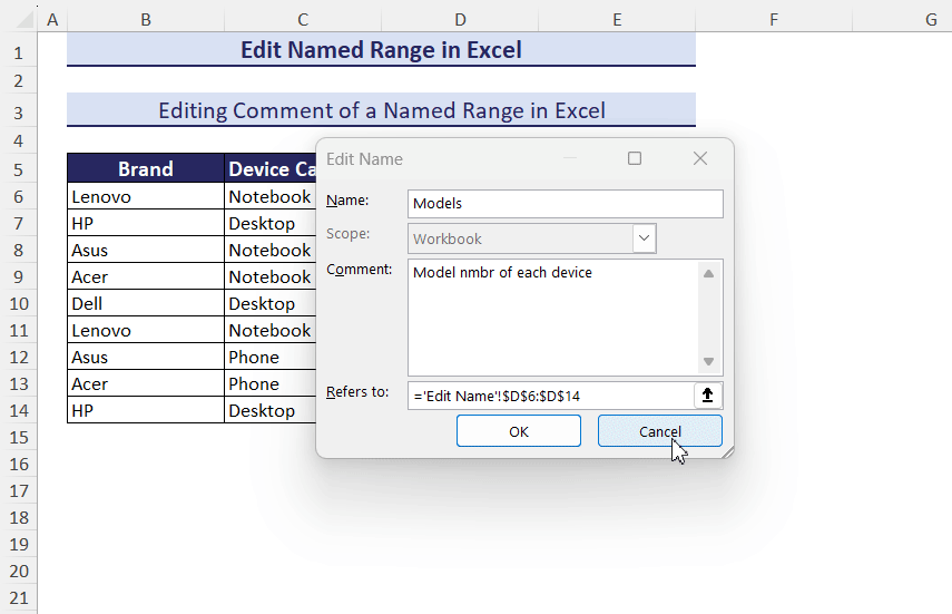 Edit comment of named range