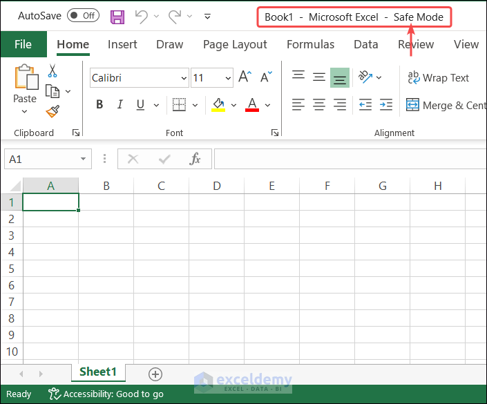 Output of opening Excel in safe mode using Search Bar