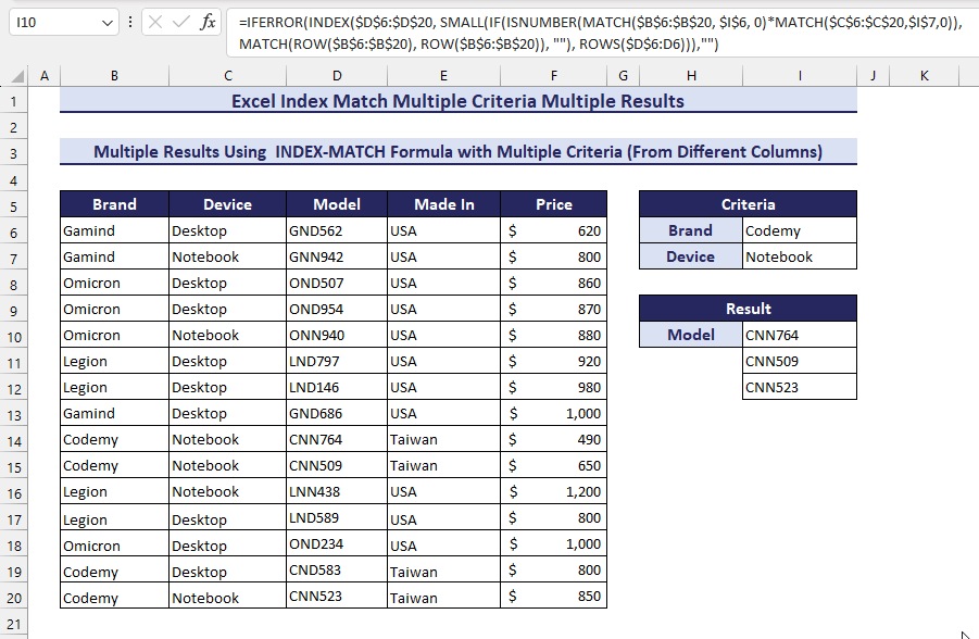 Overview of Finding Multiple Results Using Index Match Formula with Multiple Criteria in Excel