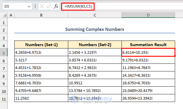 Using IMSUM Function to Sum Complex Numbers in Excel