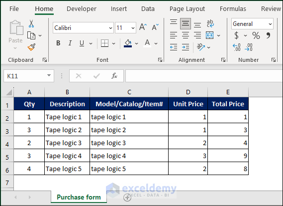 purchase form in Excel
