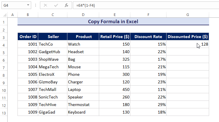 Copy formula in Excel