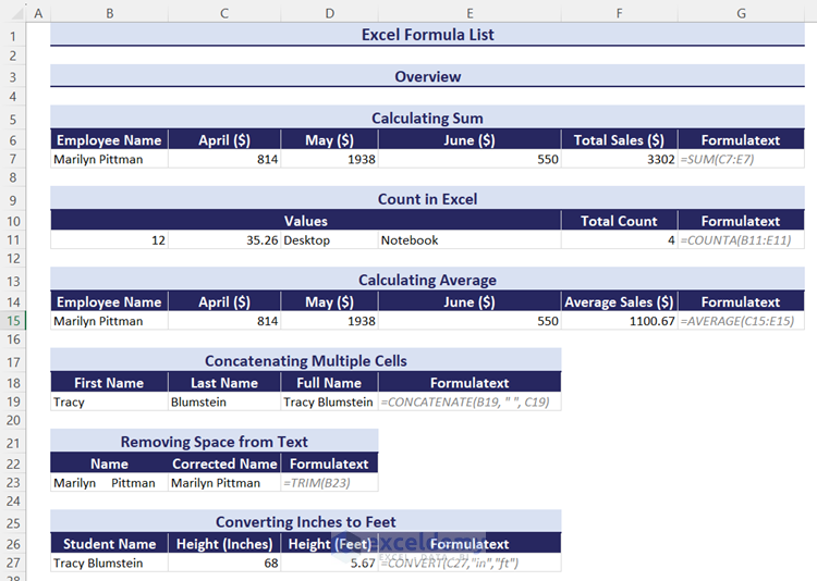 Overview of Excel formula list