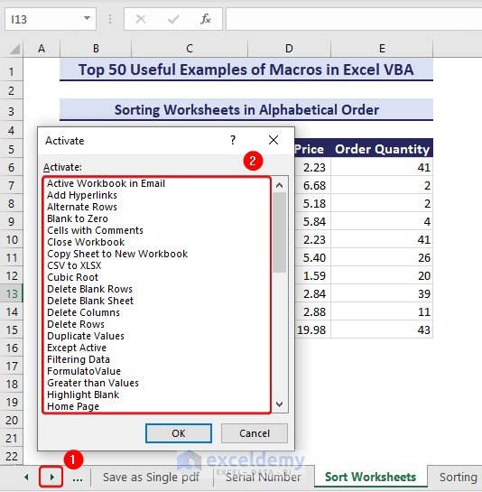 Worksheets are sorted alphabetically using VBA macros in Excel