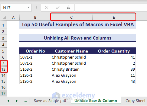 Unhiding rows and columns dataset