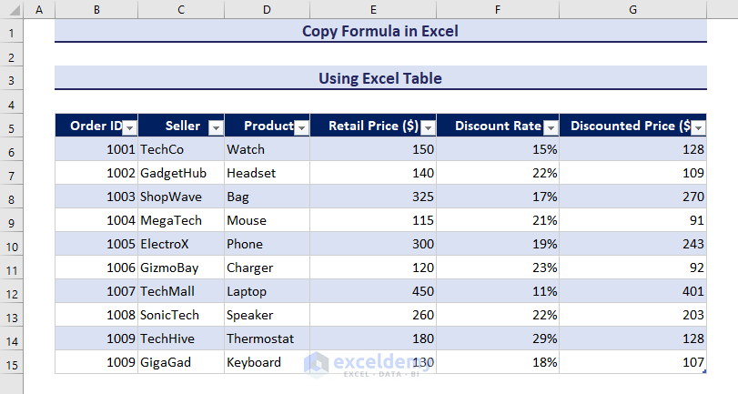 Copy formula in Excel using table