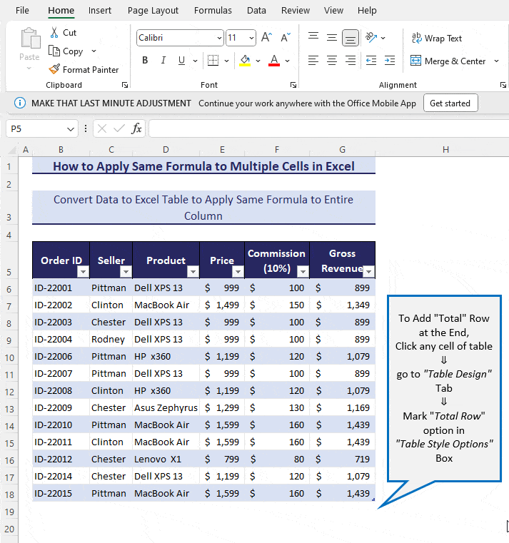 Enable Total Row Option in Excel Table