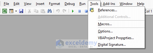 Reference in Tools tab for macros in Excel VBA