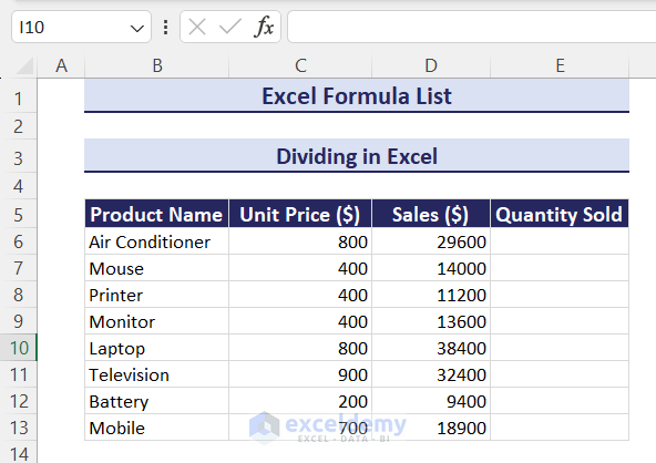 Dataset for dividing in Excel using formula