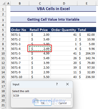 Selecting the cell for getting the value into a variable