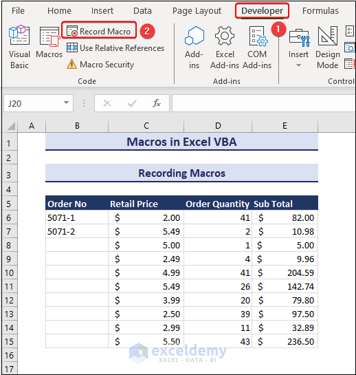 Clicking Record Macro command to record macros in Excel VBA