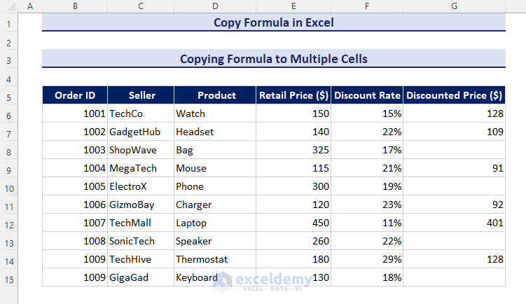Dataset for copying formula to multiple cells
