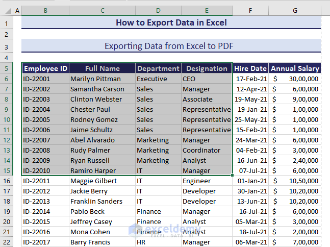Select the Range to Export